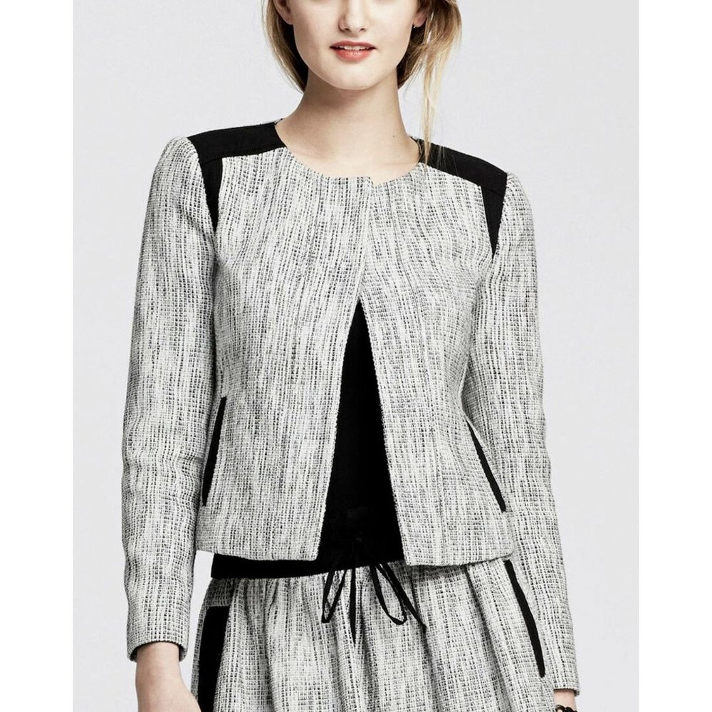 Banana Republic Tweed Blazer Jacket Sz 6 Black White Collarless Career
